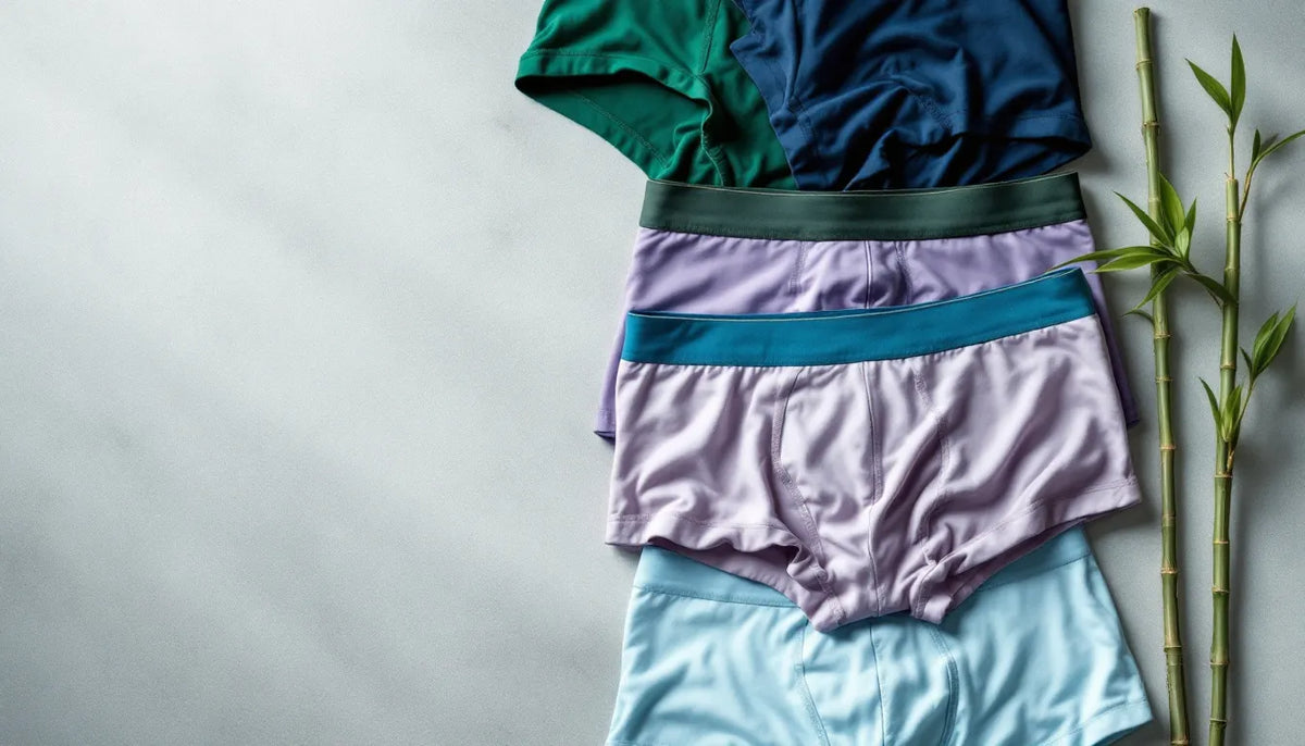 Flat-lay of men's sexy underwear styles including briefs, trunks, and boxer briefs in navy, forest green, lavender, and powder blue arranged on light concrete with a bamboo sprig