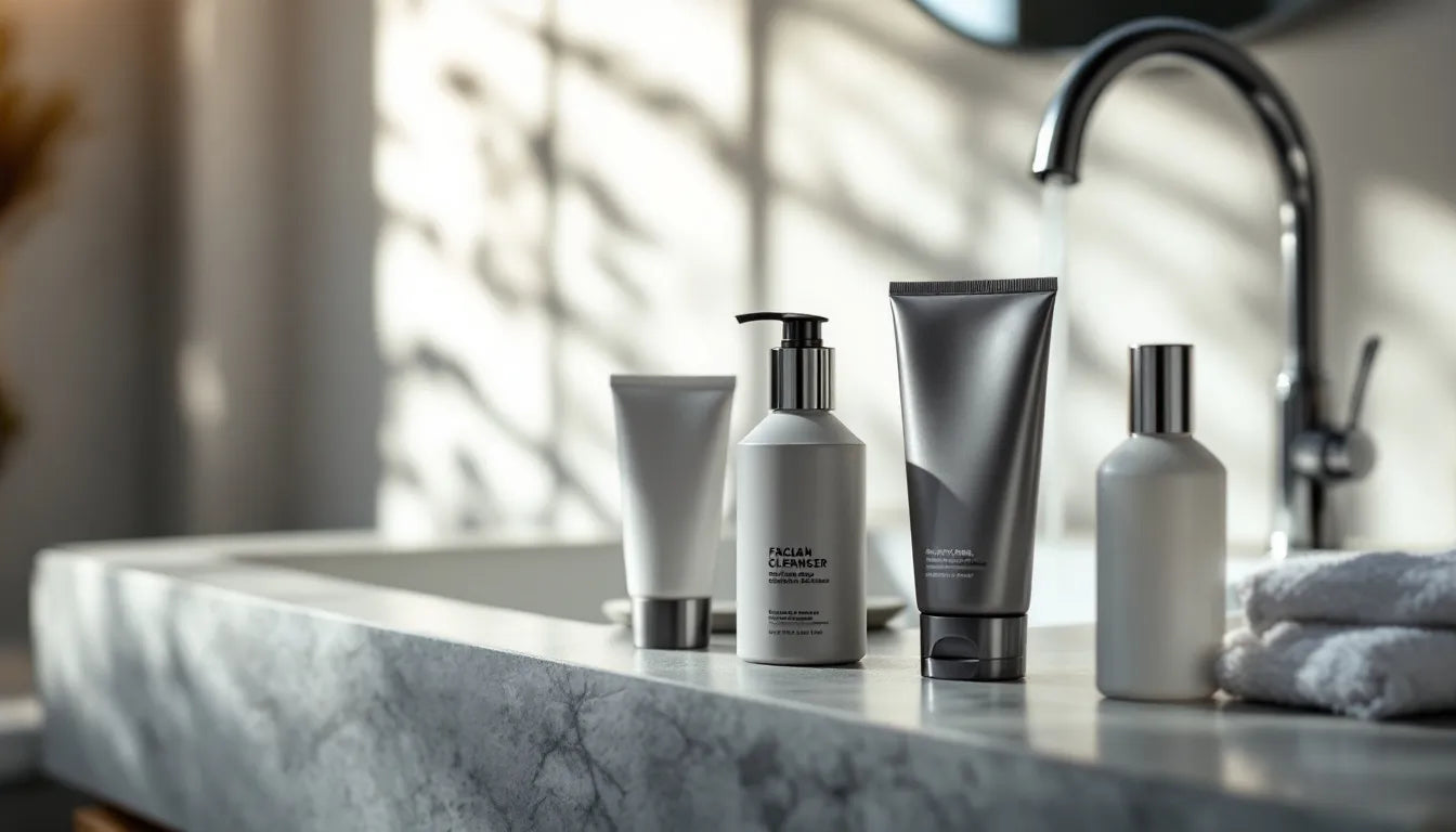 Men's skincare routine essentials arranged on bathroom counter - cleanser, exfoliant, moisturizer, and sunscreen with fresh towel and natural morning light