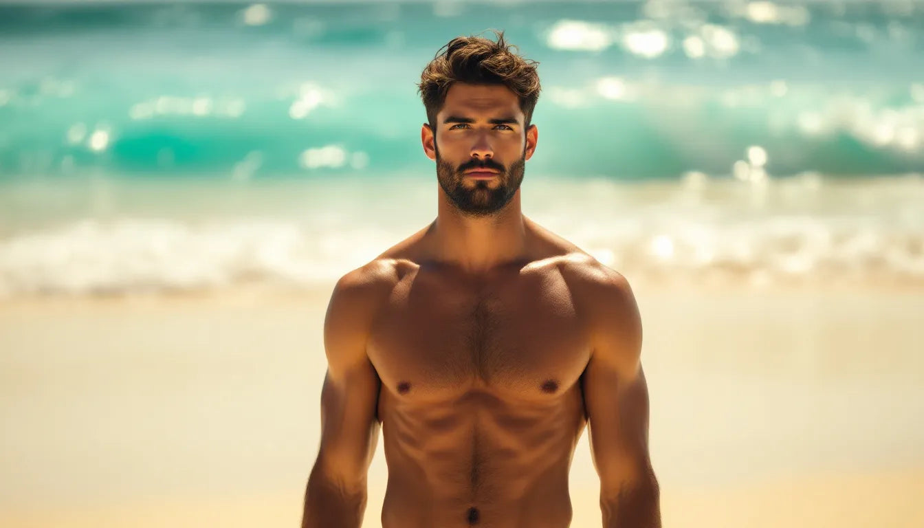 Confident man wearing minimalist men's thong swimsuit on a sunny beach with golden-hour light and ocean in the background