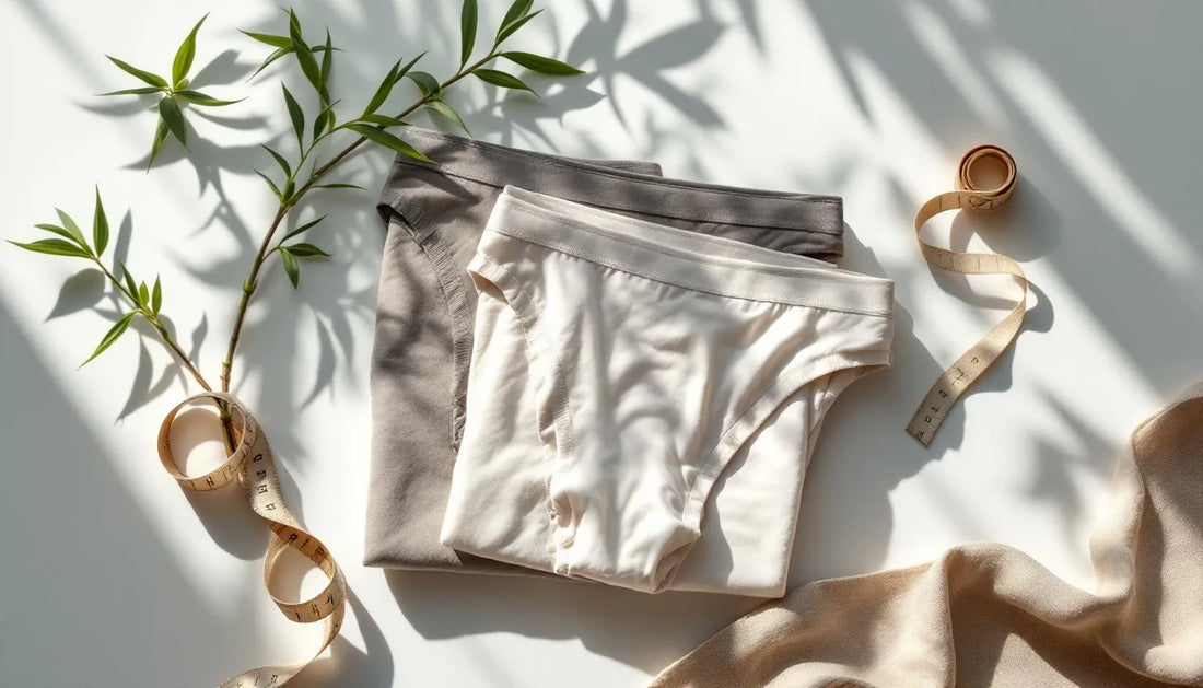 Flat-lay of several folded men's thong underwear styles in different fabrics arranged on a white surface with a bamboo sprig and measuring tape
