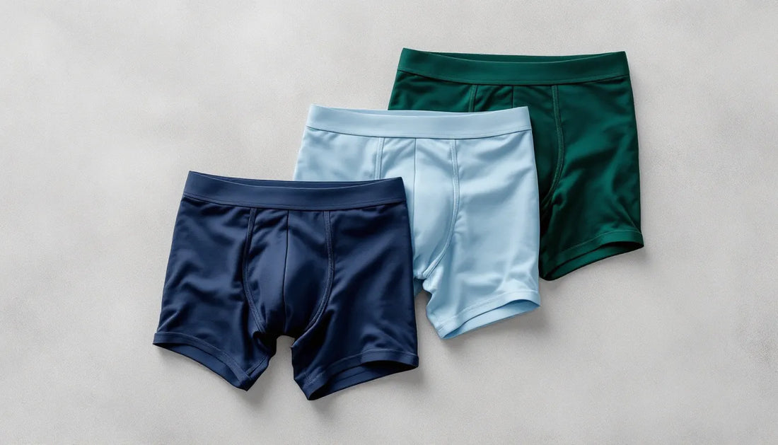Flat-lay of premium bamboo boxer briefs in navy, powder blue, and forest green showing structured front pouch panel detail