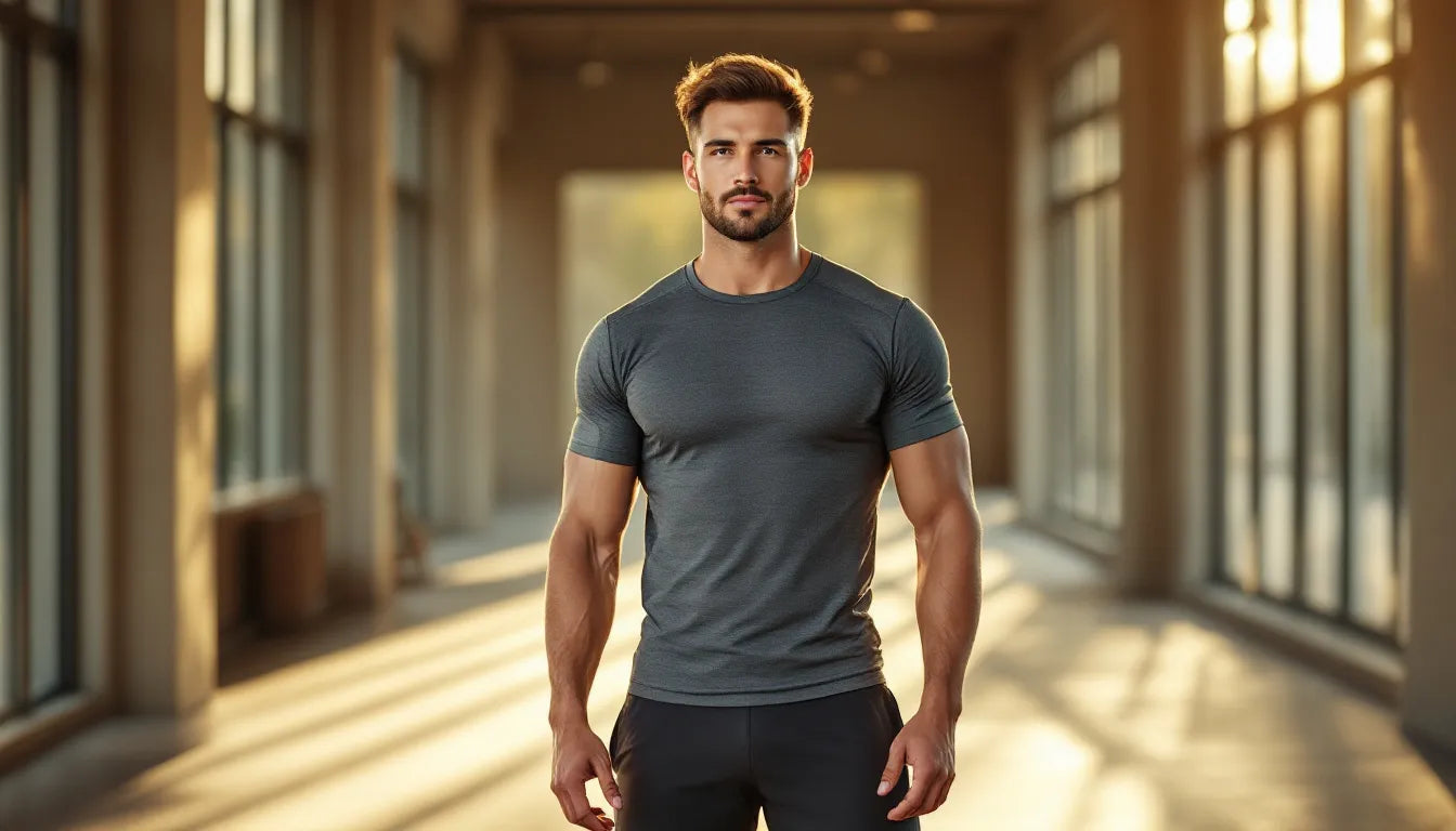 Fit man in athletic wear standing confidently in a minimalist gym with morning sunlight streaming through large windows, looking focused and ready to train