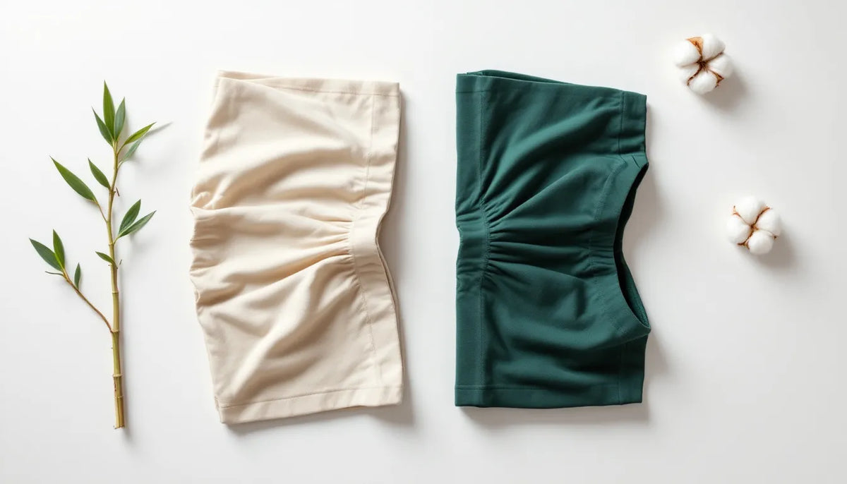 Flat-lay of two pairs of men's boxer briefs side by side — one in natural cotton tone, one in forest green bamboo fabric — with a bamboo stalk and cotton boll as props on a white surface, comparing organic cotton and bamboo underwear materials