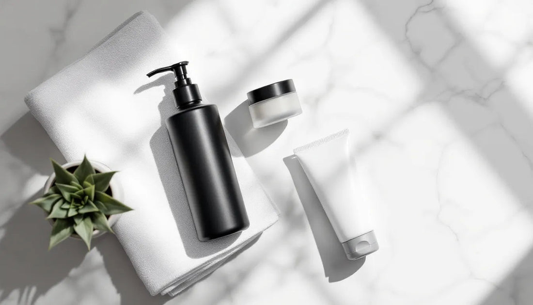 Simple skincare routine for men flat-lay showing cleanser, moisturizer, and SPF products arranged on a white surface with a folded towel and small green plant