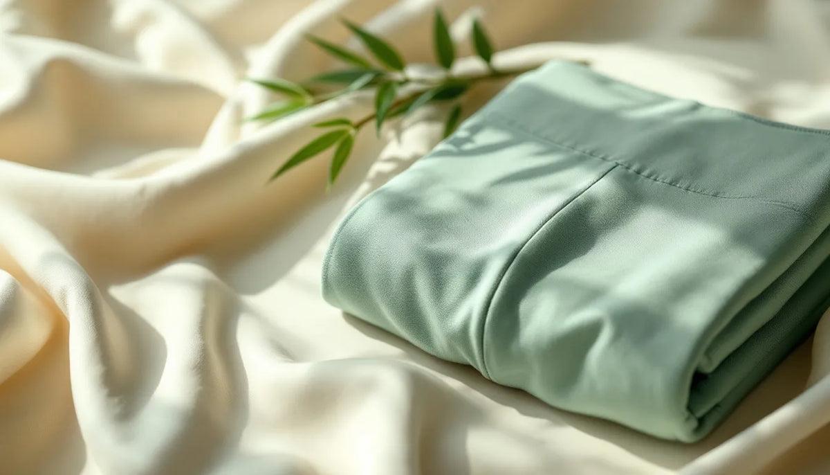 Soft bamboo fabric texture in sage green and cream tones with a folded pair of men's boxer briefs and a bamboo stalk on a white surface, photographed with natural side lighting