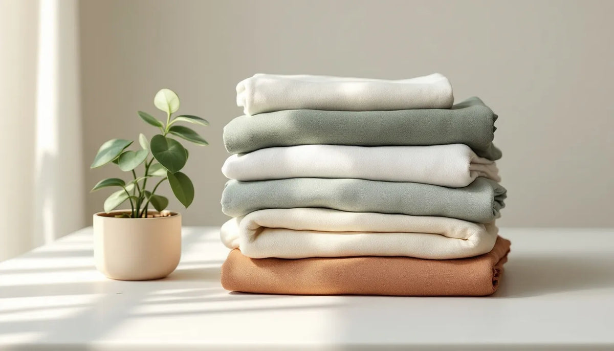 Neatly folded sustainable bamboo clothing in earthy tones arranged on a white surface beside a small green plant, representing eco-friendly and ethical fashion choices