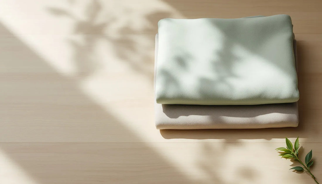Neatly folded bamboo-fabric clothing in sage green, beige, and grey arranged on a light wooden surface with a green plant sprig, representing sustainable fashion essentials