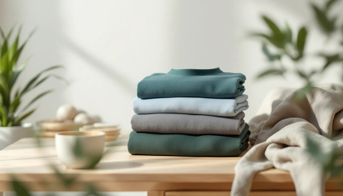 Flat-lay of folded bamboo fabric men's basics in forest green, powder blue, and charcoal on a wooden surface with a small green plant, representing sustainable fashion for men