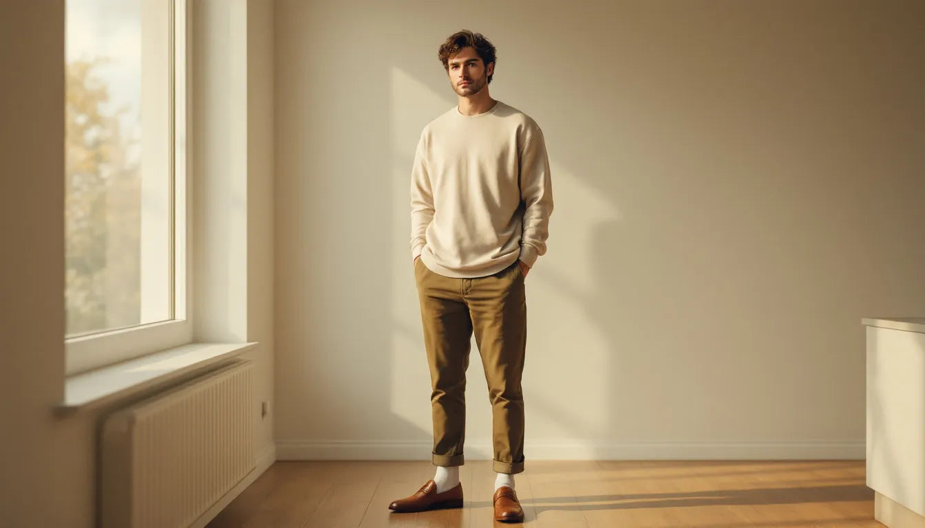 Stylish man in earth-tone sustainable casual clothing standing in a bright airy room with natural light, embodying intentional and eco-conscious men's fashion