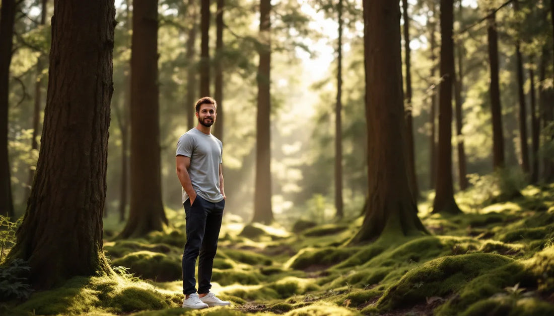 Stylish man in sustainable bamboo-grey t-shirt and slim dark chinos standing in a sunlit forest clearing, representing sustainable men fashion