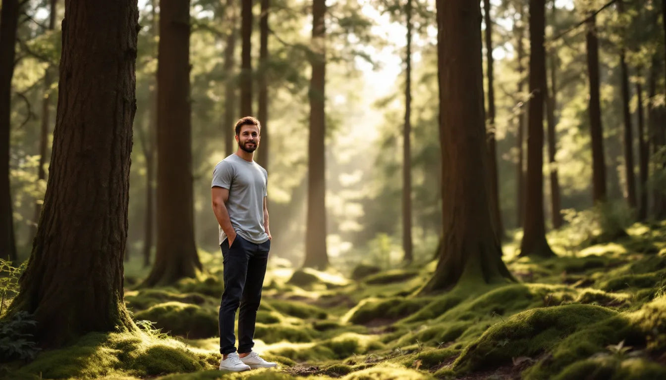 Stylish man in sustainable bamboo-grey t-shirt and slim dark chinos standing in a sunlit forest clearing, representing sustainable men fashion