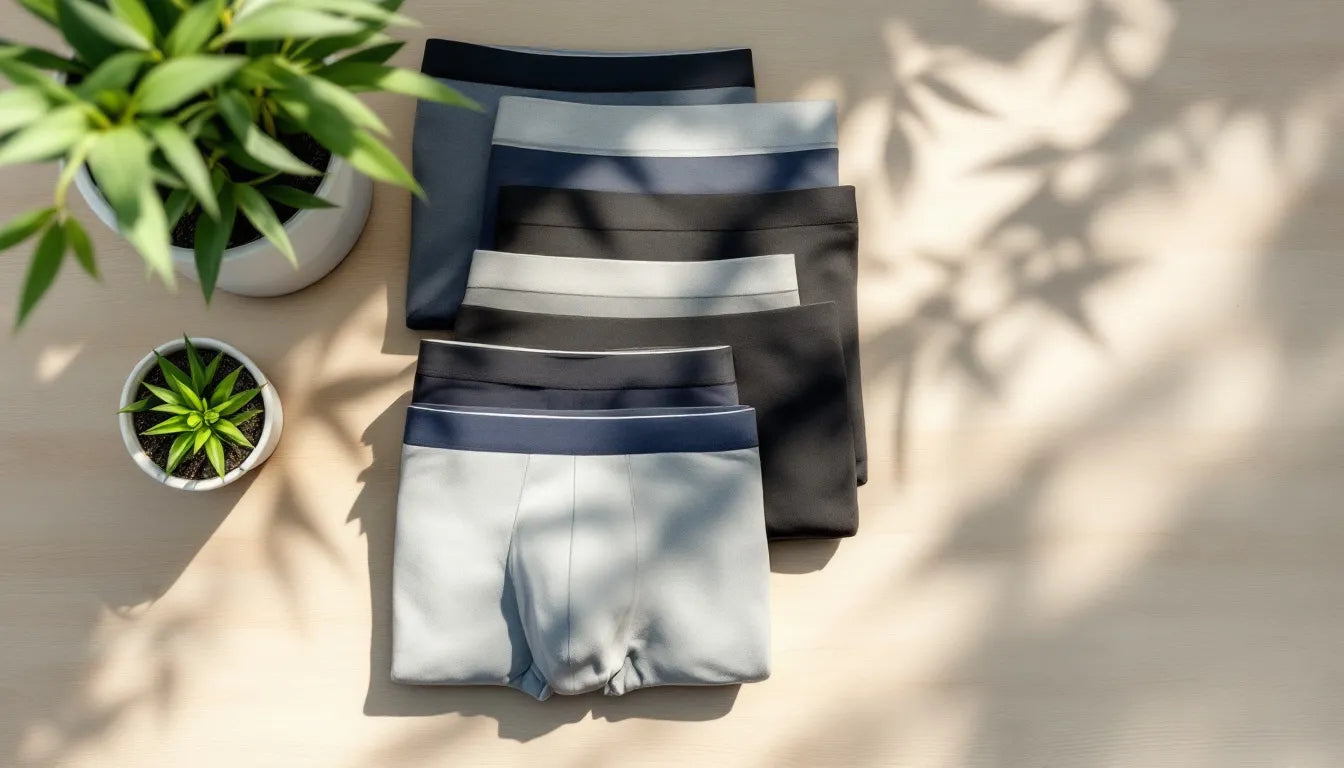 Neatly folded sustainable men's bamboo underwear in grey, navy, and black laid flat on a light wooden surface with a small bamboo plant, natural morning light
