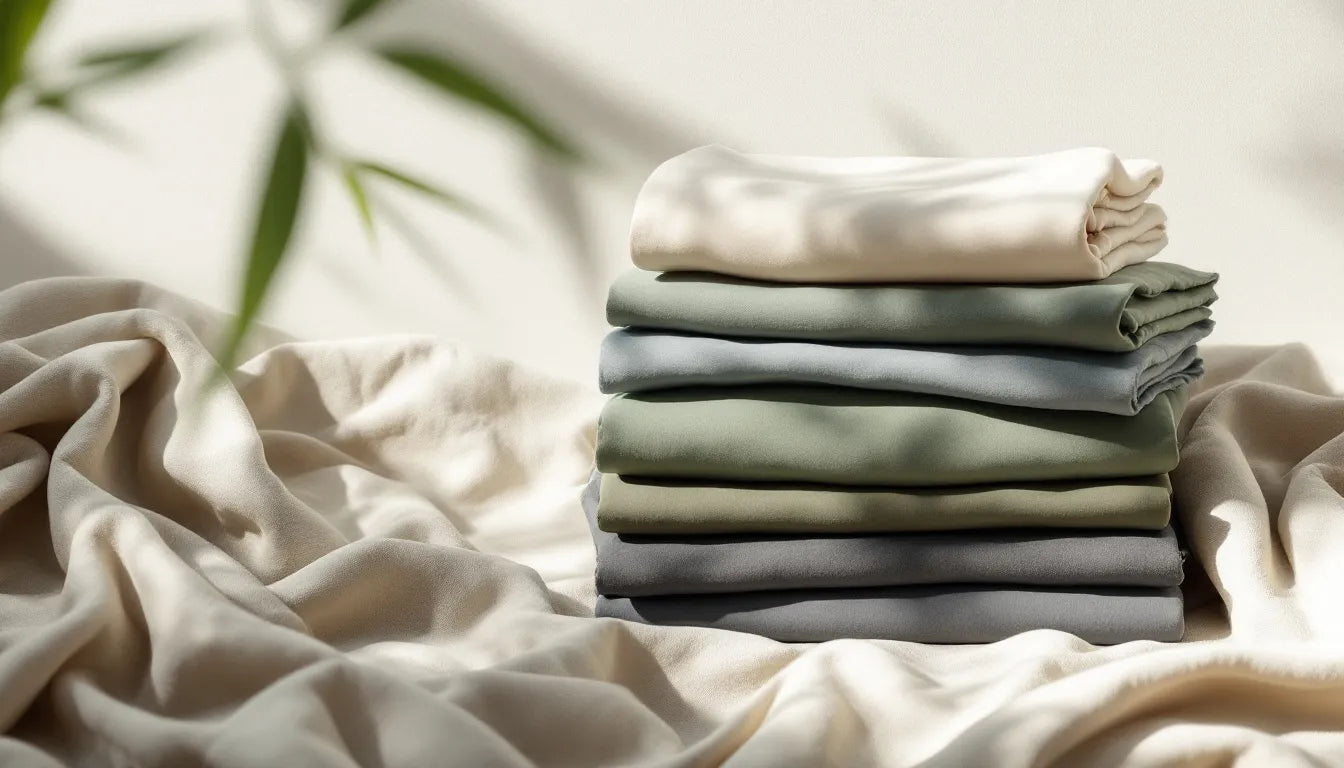 Flat-lay of folded sustainable bamboo men's underwear in sage green, slate grey, and cream tones on a natural linen surface with a bamboo stalk and green leaves