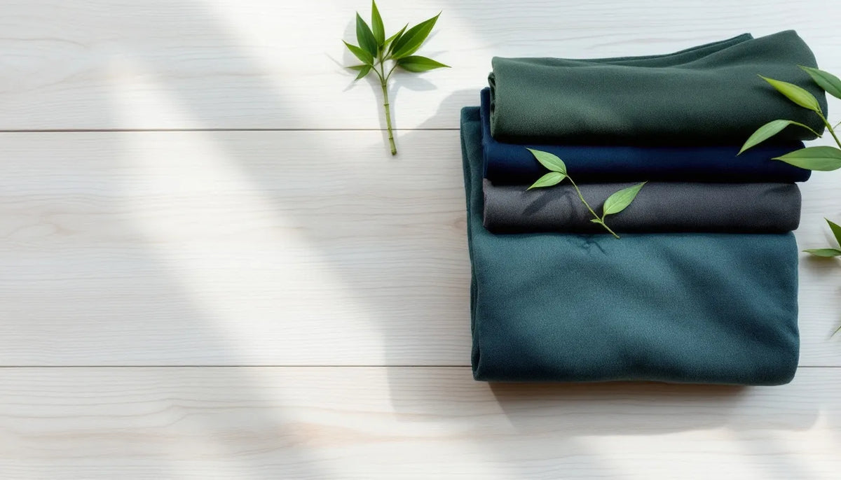 Flat lay of neatly folded sustainable bamboo fabric men's underwear in forest green, charcoal gray, and navy blue on a light wooden surface with a bamboo sprig accent