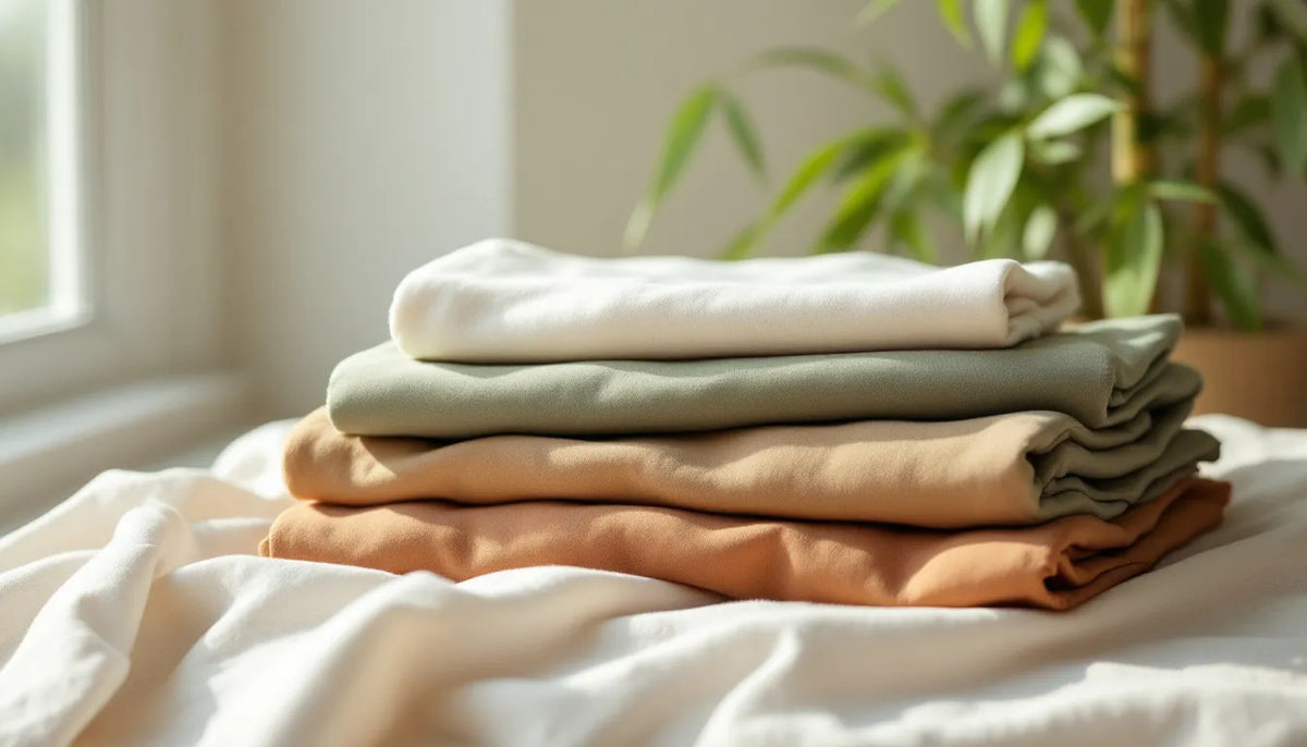 Neatly folded eco-friendly garments in cream, sage green, and terracotta on a natural linen surface with a bamboo plant in the background, representing sustainable clothing made from natural fabrics