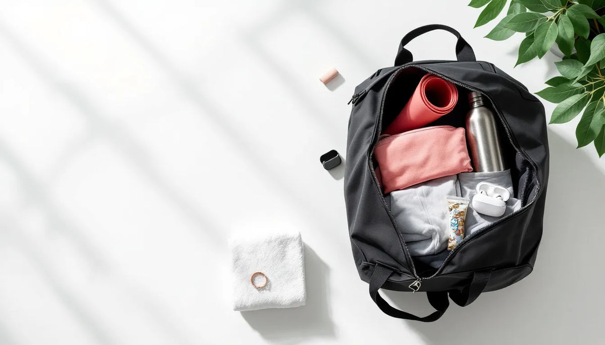 Flat-lay overhead view of an open gym bag packed with women's gym bag essentials including activewear, a water bottle, resistance band, toiletry pouch, earbuds, and a snack bar on a white background