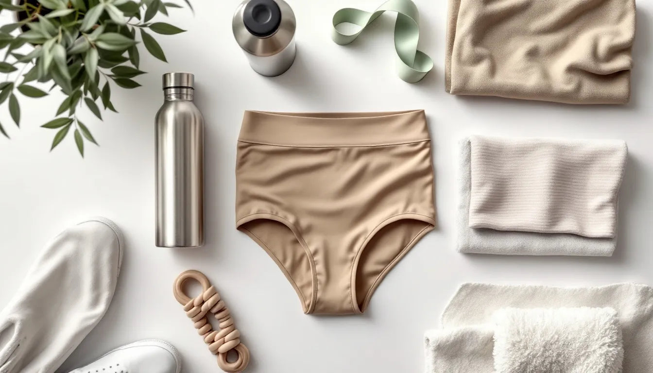 Flat-lay of women's gym essentials including folded bamboo-fabric underwear, a water bottle, resistance band, neutral activewear, and training shoes arranged on a white surface