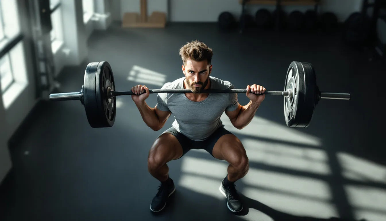Athletic man performing a barbell squat in a modern gym, photographed from overhead with strong natural lighting highlighting muscle engagement and proper form